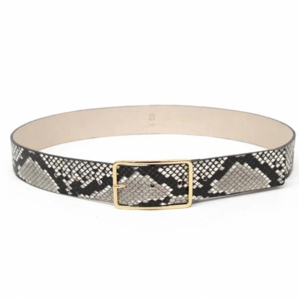 B-Low The Belt Black and Beige Snakeskin Print Leather Belt with Gold Buckle